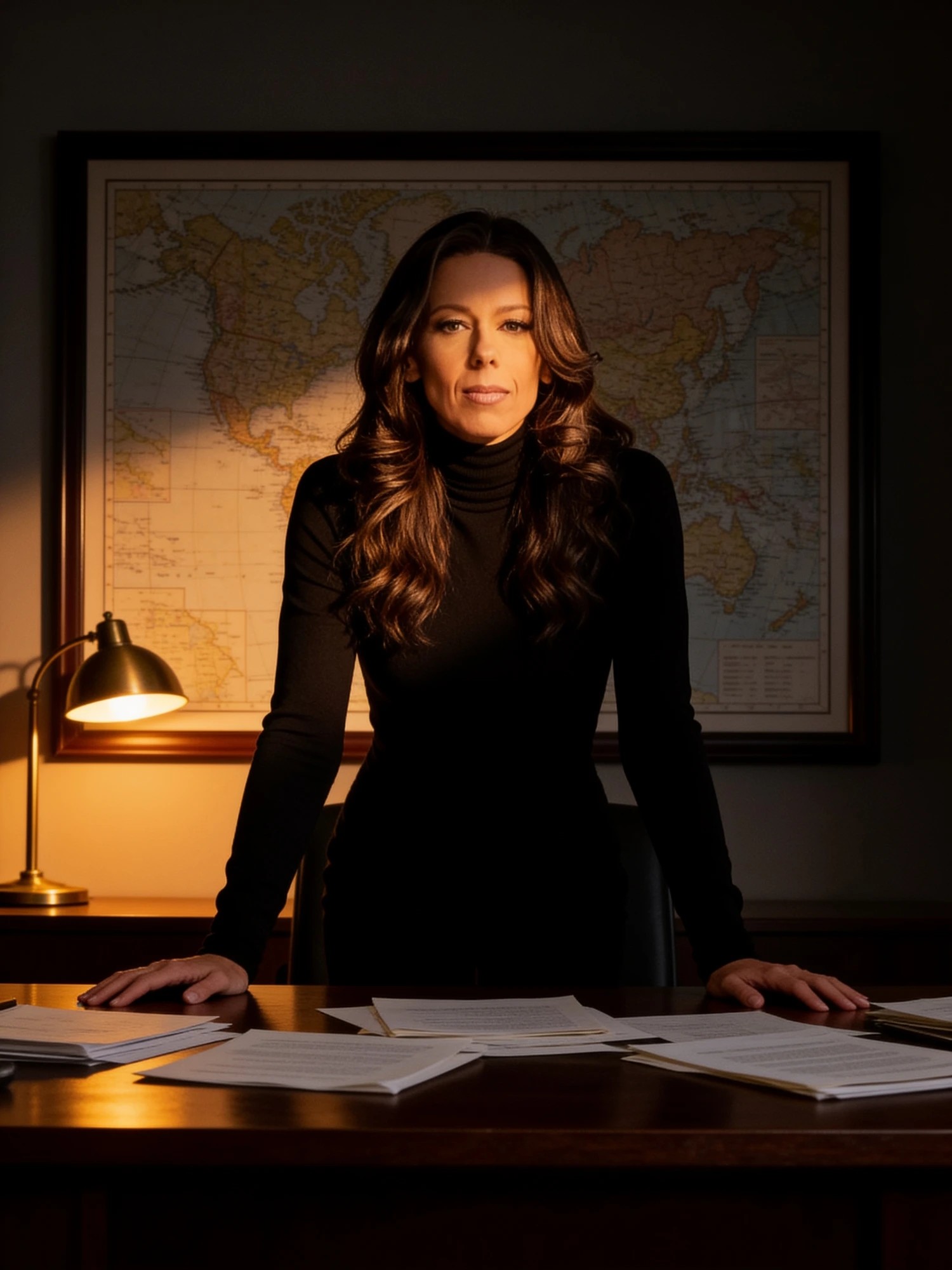 Jennae Michelle in the office before a world map